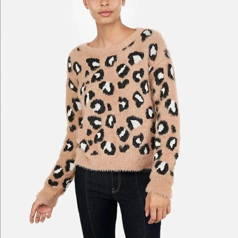 Express Cream/Tan and Black Cozy Fuzzy Eyelash Leopard Sweater Size XS